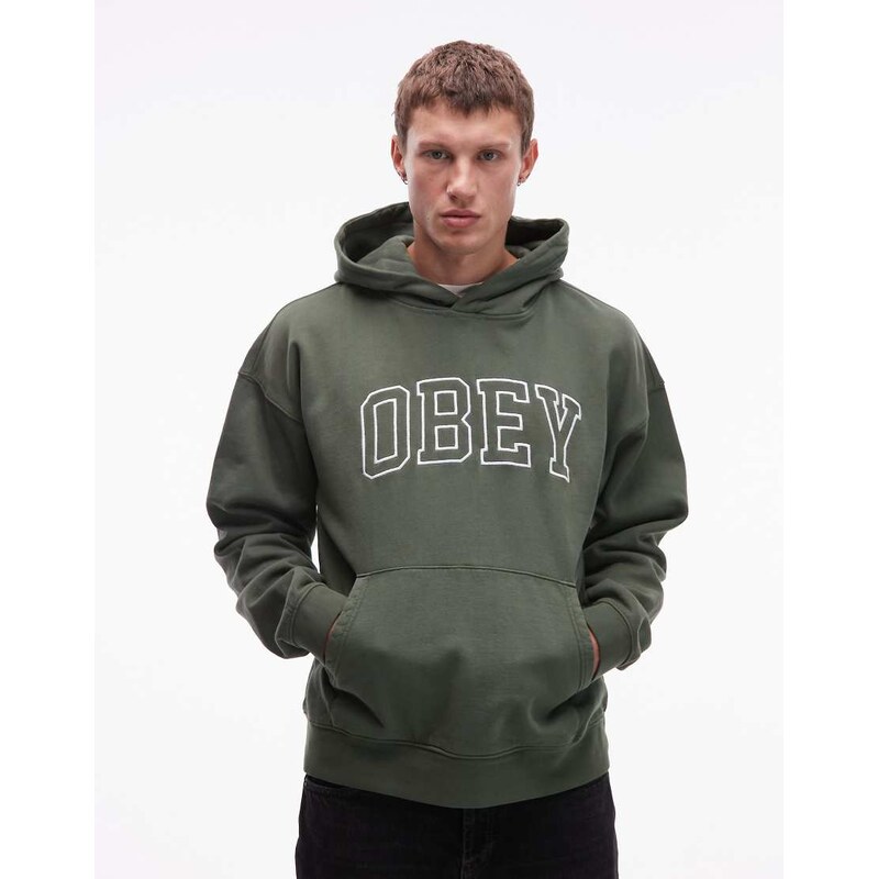 Obey collegiate faded pullover boxy hoodie in khaki green