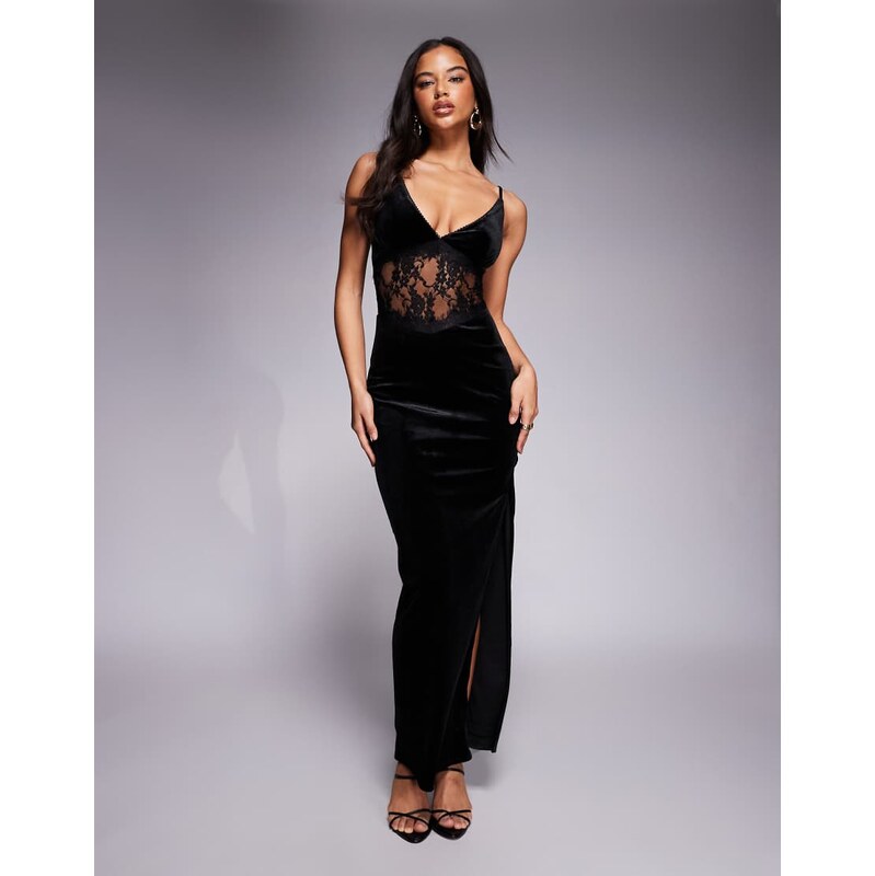 TFNC plunge neck maxi dress with lace insert in black velvet 114800660
