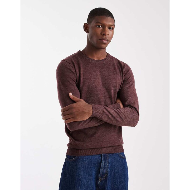 Brave Soul crew neck knitted jumper in burgundy-Red
