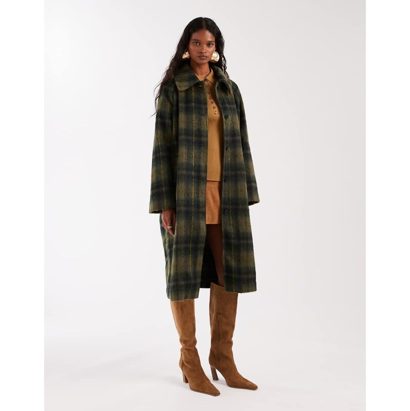 Noisy May brushed wool look maxi overcoat in dark green check 108972444