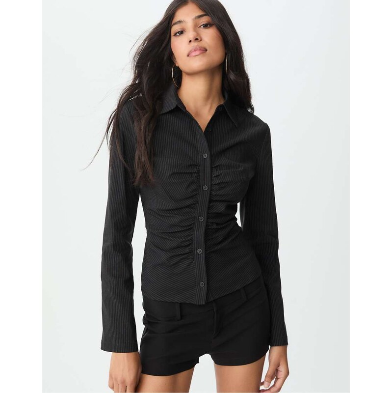 Stradivarius Striped gathered shirt in black 111229243