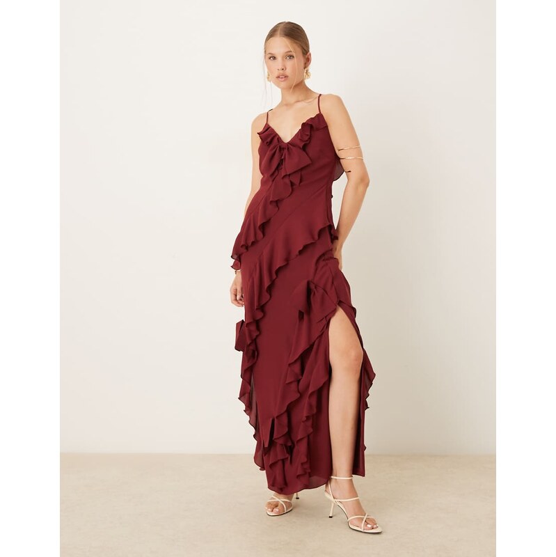 Pretty Lavish ruffle bow maxi dress in wine-Red 108972561