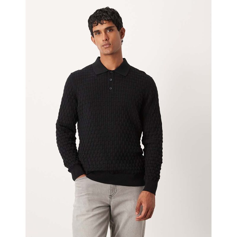 ASOS DESIGN knitted textured long sleeve polo in black