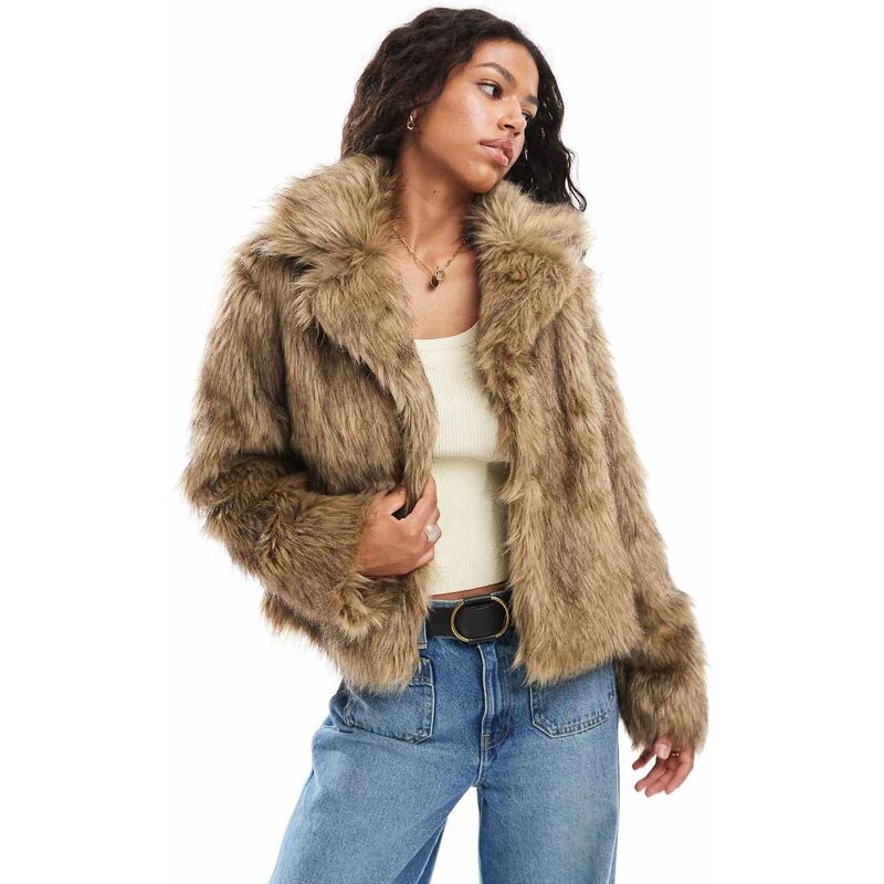 Brave Soul faux fur short jacket in light brown
