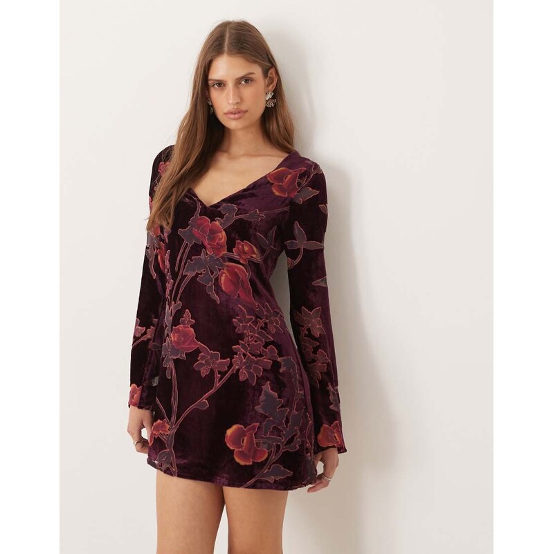 Motel Alitra v neck long sleeve mini dress in burgundy floral
