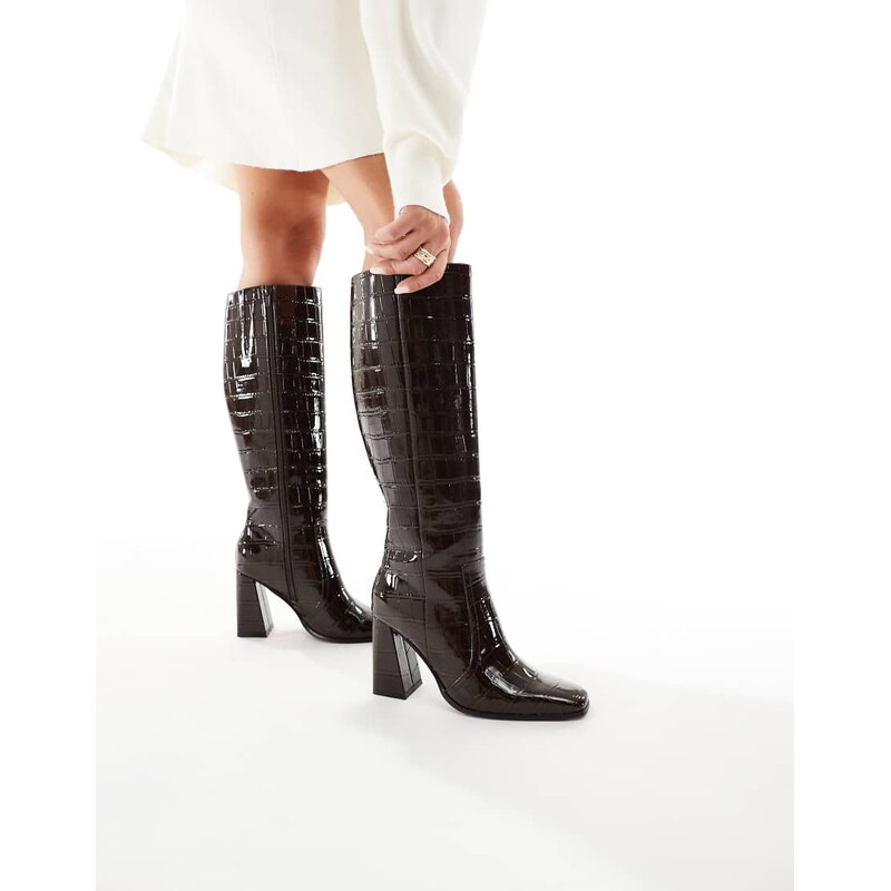 New Look croc heeled knee boot in brown