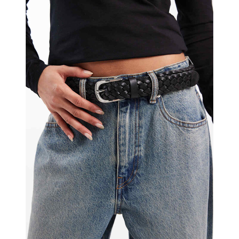 Vero Moda leather plait detail belt with silver buckle in black 108981646