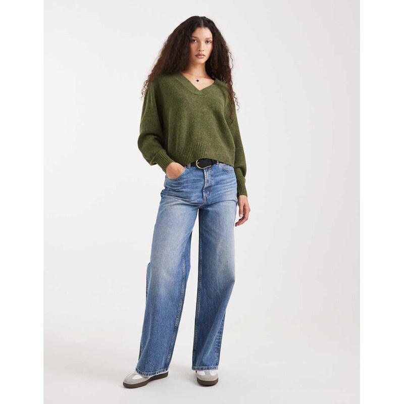 Vero Moda soft oversized v-neck jumper in green melange