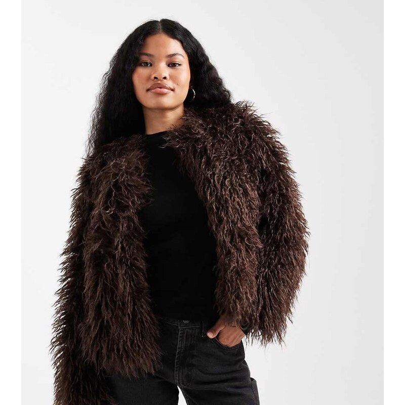New Look Petite shaggy faux fur jacket in brown