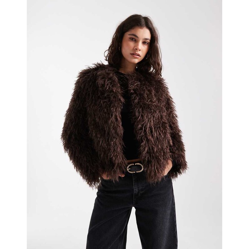 New Look shaggy faux fur cropped jacket in brown
