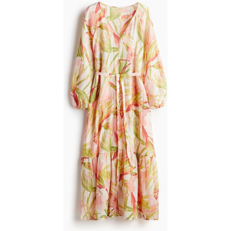H&M - Krepové šatys vázacím páskem - Bílá/Květy
