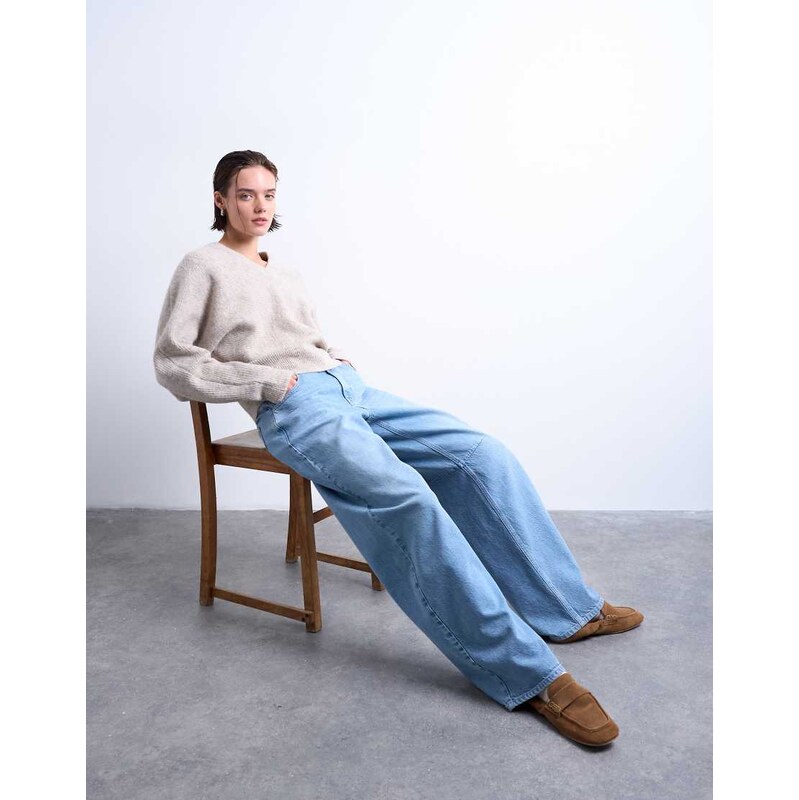 Topshop knitted high v horizontal stitch jumper in oat-Neutral 113261447