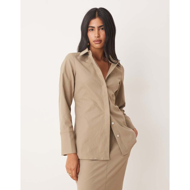 Pretty Lavish cinched shirt co-ord in stone-Neutral 108993237