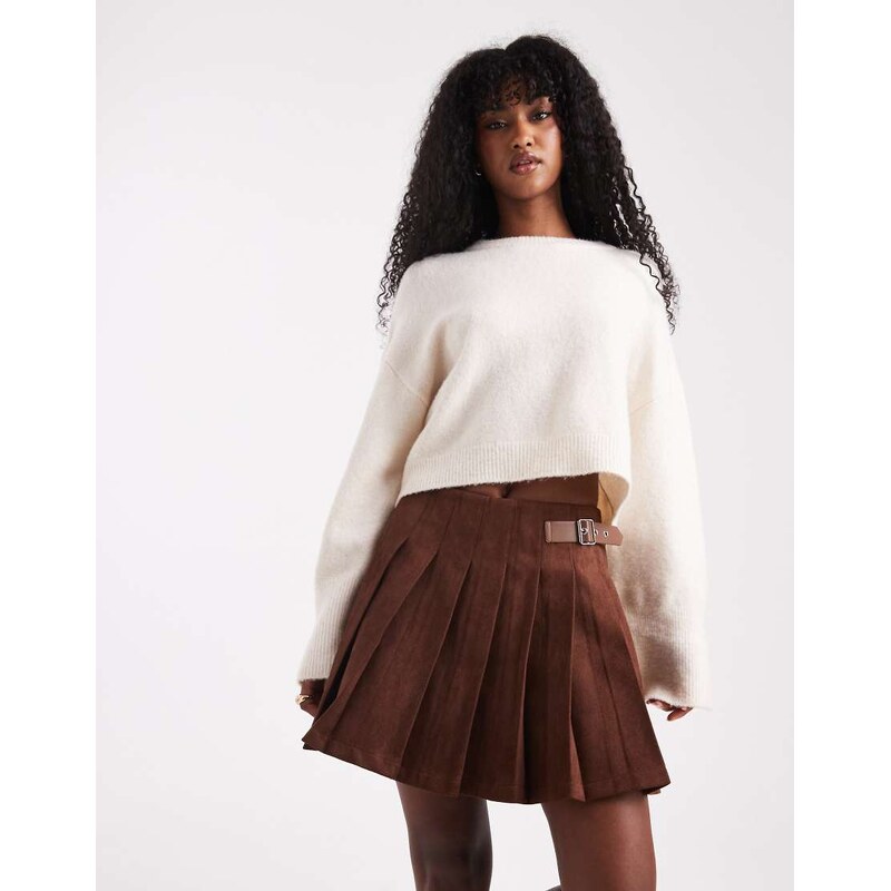 ASOS DESIGN faux suede buckle detail pleated mini skirt in brown