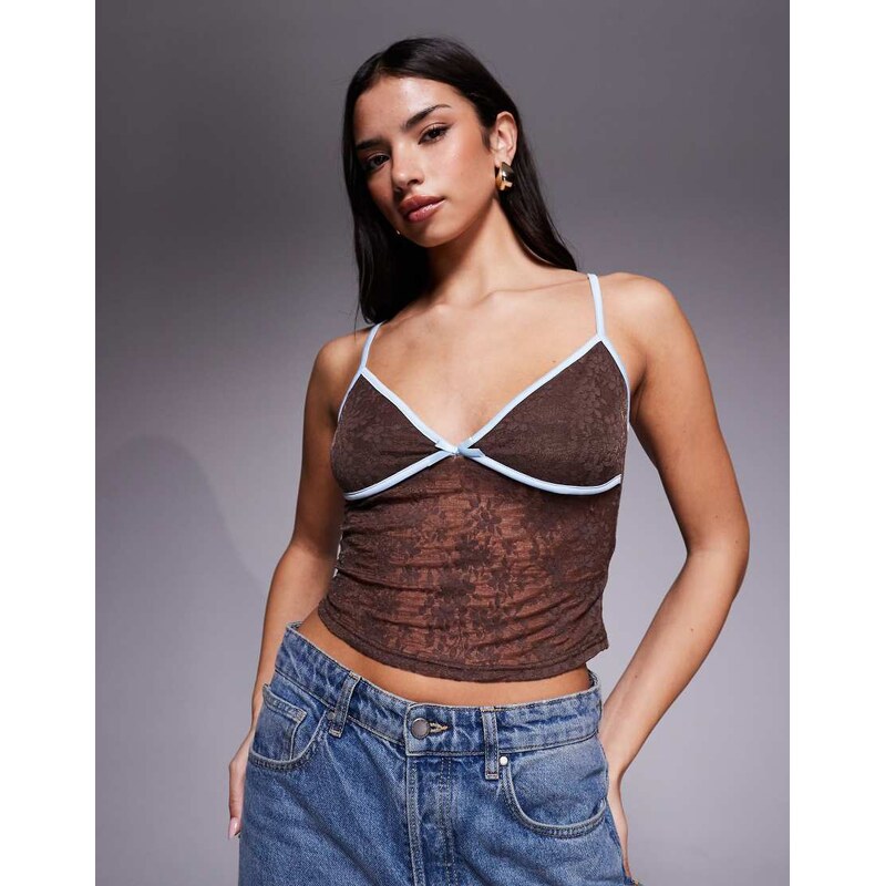 Tiger Mist Auburn lace contrast trim bow detail cami top in brown and 115526038