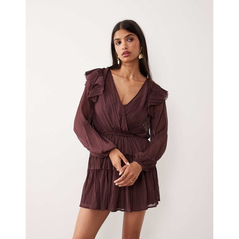 ASOS DESIGN v neck smock mini dress with ruffles in mulberry