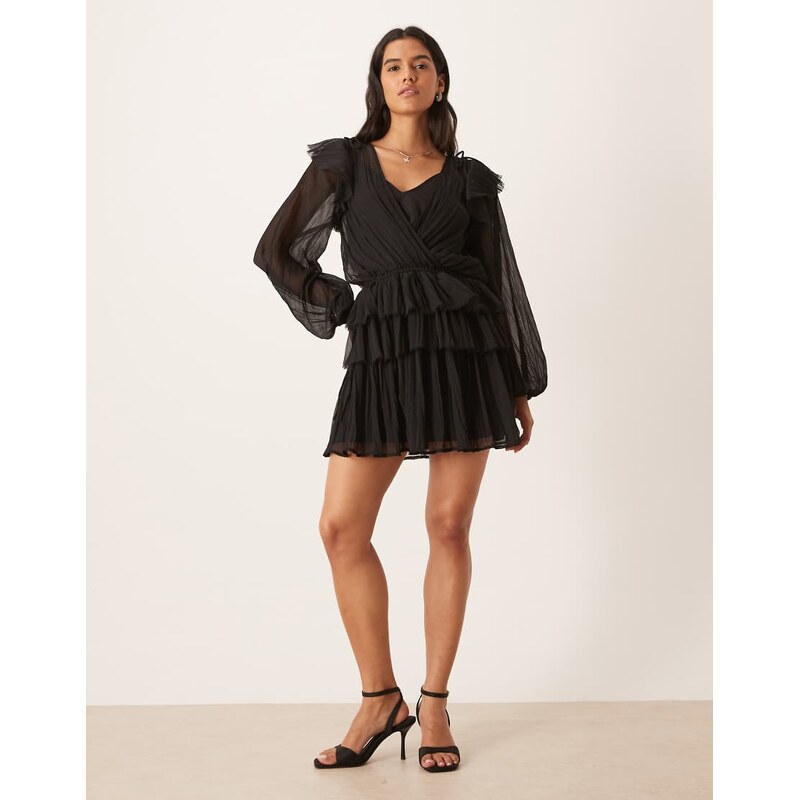 ASOS DESIGN v neck smock mini dress with ruffles in black