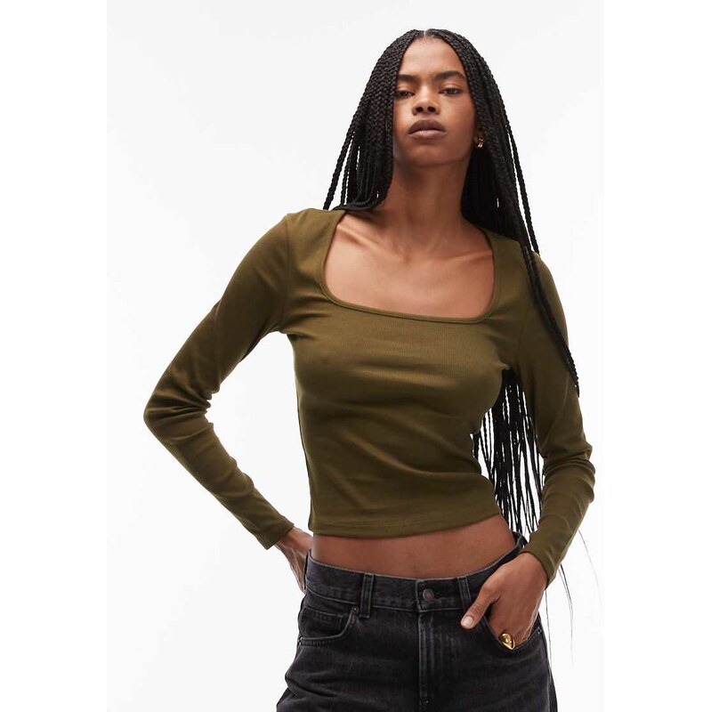 ASOS DESIGN square neck rib long sleeve top in dark olive-Multi