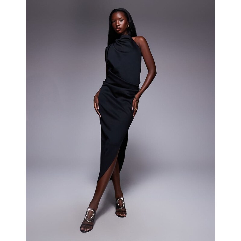 ASOS DESIGN one shoulder midi dress in black scuba-style fabric