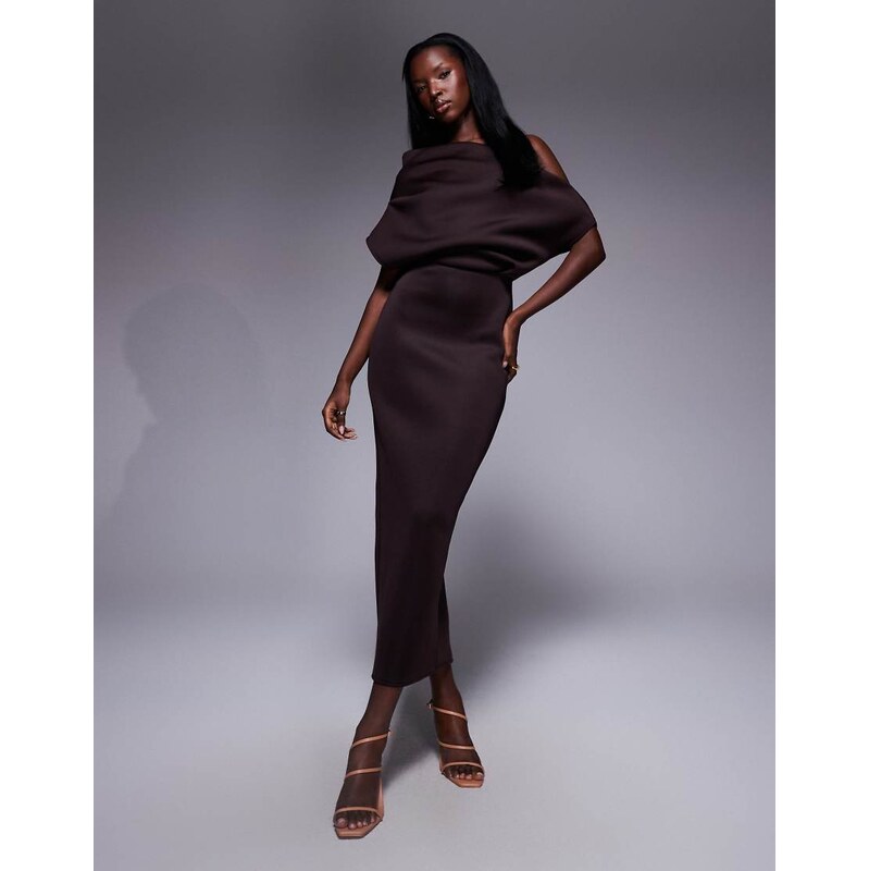 ASOS DESIGN dramatic neckline midi dress in chocolate scuba