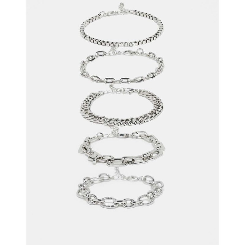 ASOS DESIGN pack of 5 mixed chain stacking bracelets in silver