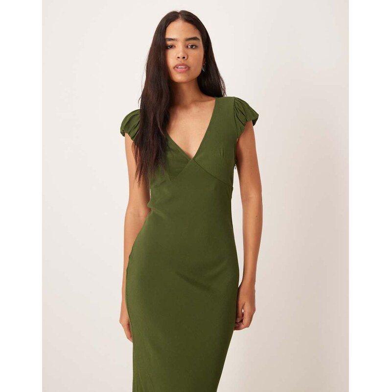 ASOS DESIGN puff sleeve v-neck maxi tea dress in green-Multi