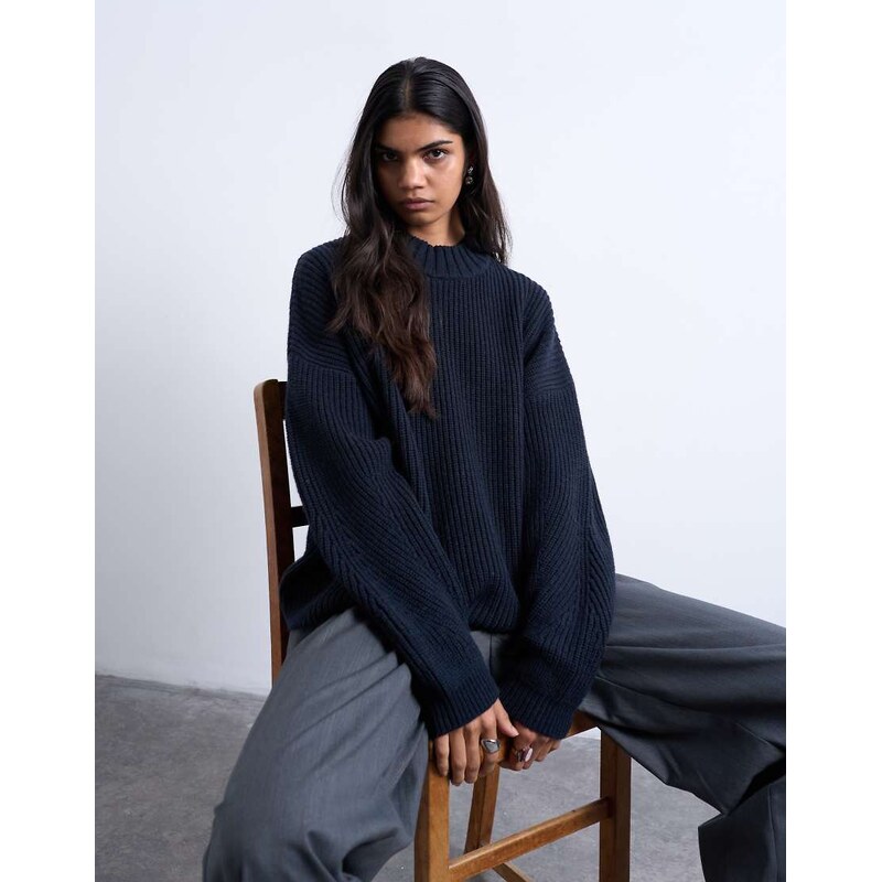 Topshop knitted clean wide neck rib jumper in navy 115511149