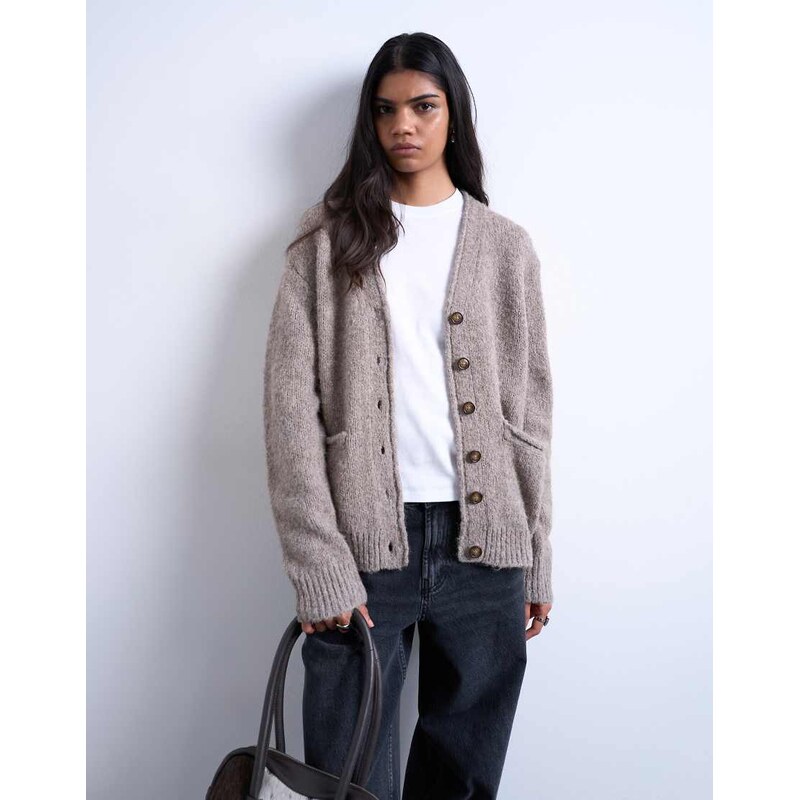 Topshop knitted longline pocket chunky wool mix cardigan-Neutral