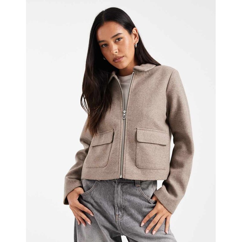 ONLY zip through faux wool short jacket in taupe-Brown
