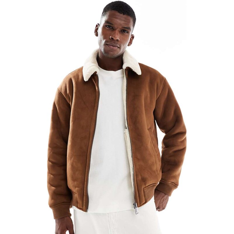 Jack & Jones faux suede bomber with borg collar in tan-Neutral