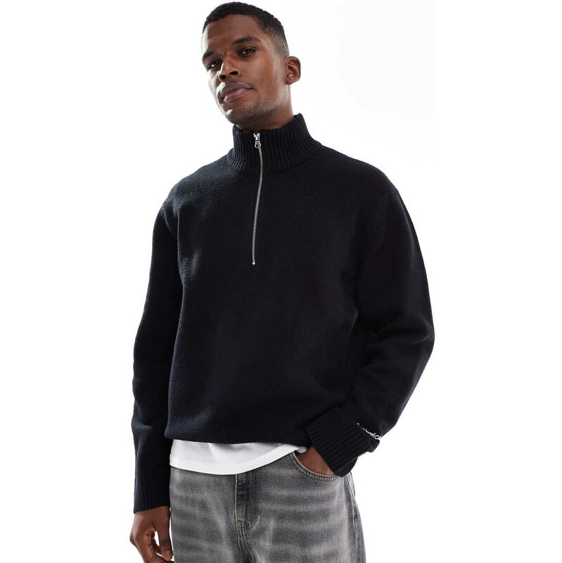 Jack & Jones oversize thick 1/4 zip jumper in black