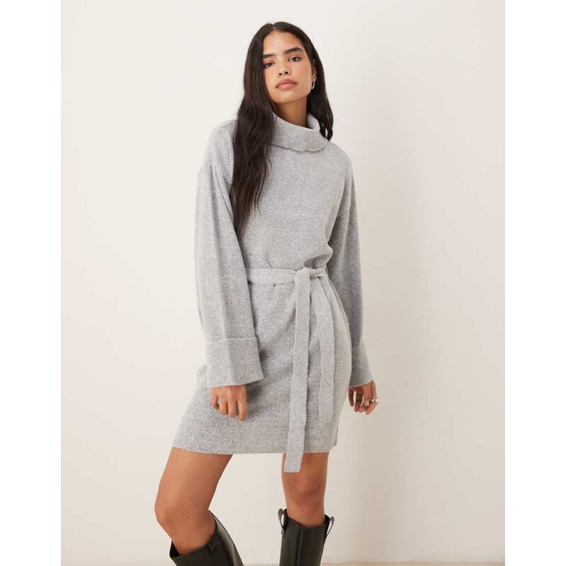 Vila tie waist high neck knitted mini dress in light grey