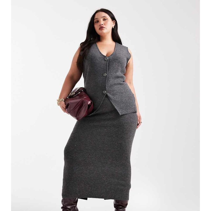 Vero Moda Curve soft knitted midi skirt co-ord in grey melange