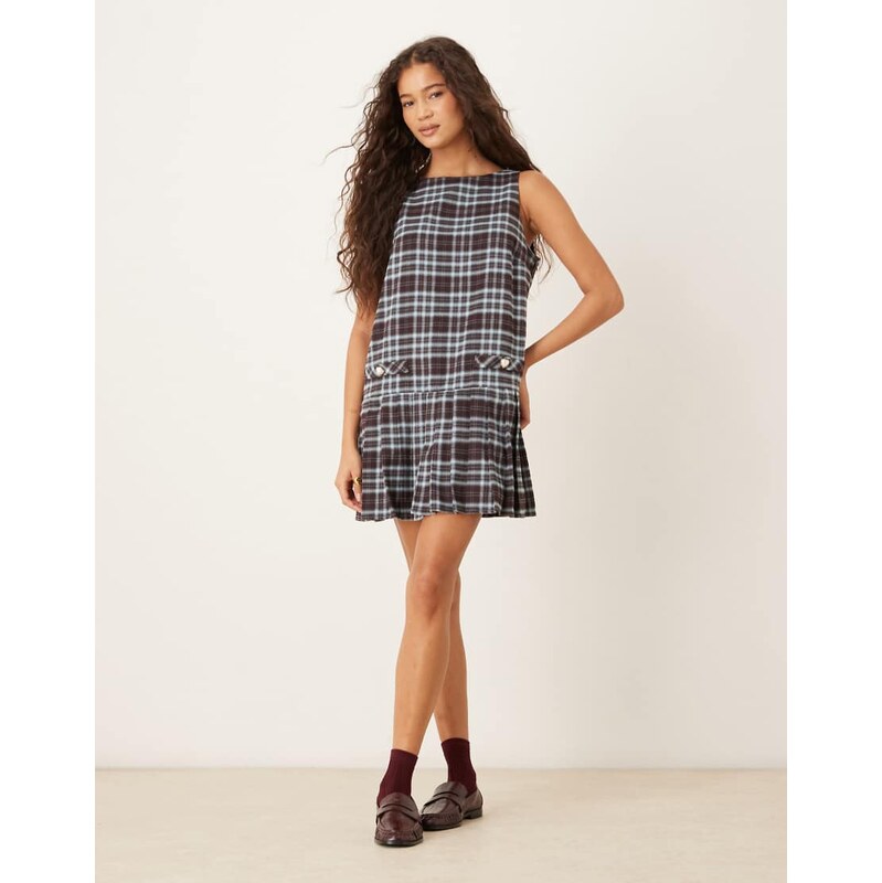 Neon Rose pinafore dress in blue tartan check