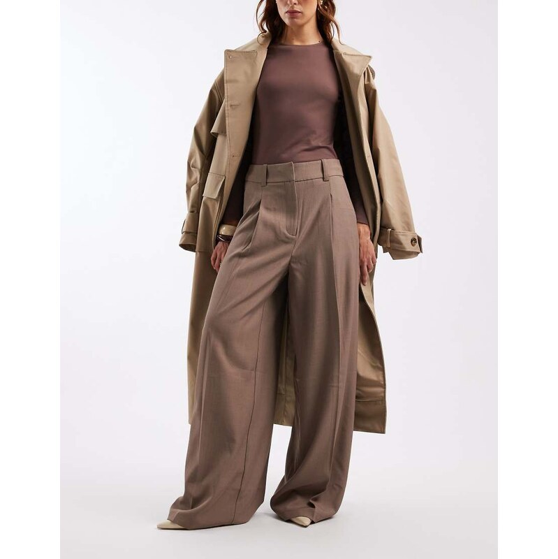 Vero Moda high waisted pleated trousers in warm brown melange-Neutral 108996031