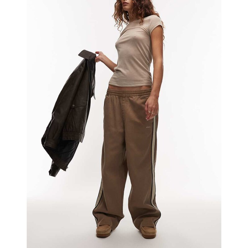 Obey astrid pull on baggy trousers with side stripe in brown and beige 108996040