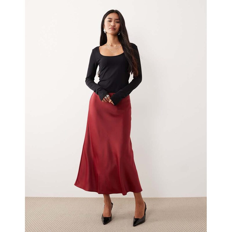 YAS satin midi skirt in deep red