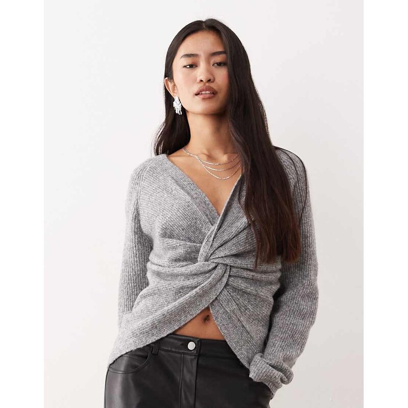 Vila cross front reversible jumper in medium grey melange 108996051