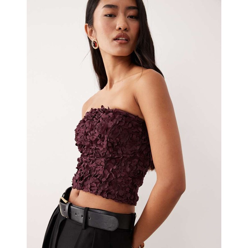 Vila 3D rose applique bandeau top in burgundy-Red 108996053