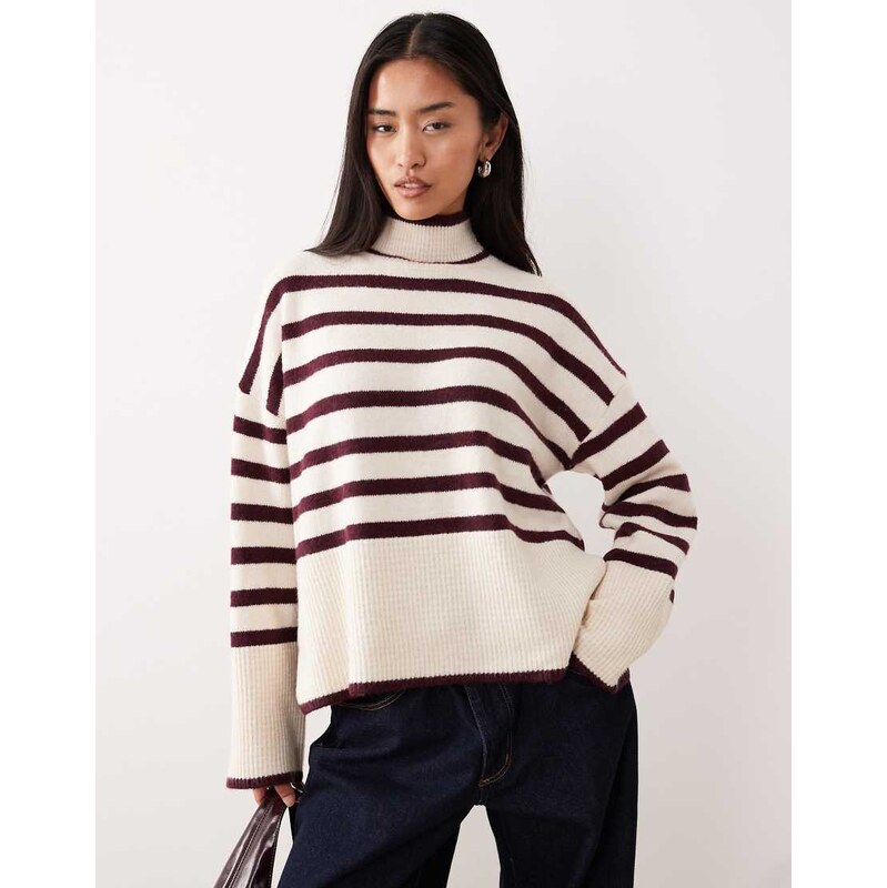 Vila high neck stripe jumper in cream and burgundy-White 115515456