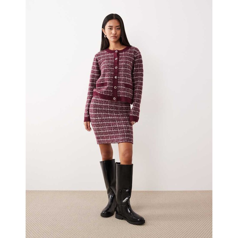 Vila boucle check knitted mini skirt co-ord in burgundy-Red