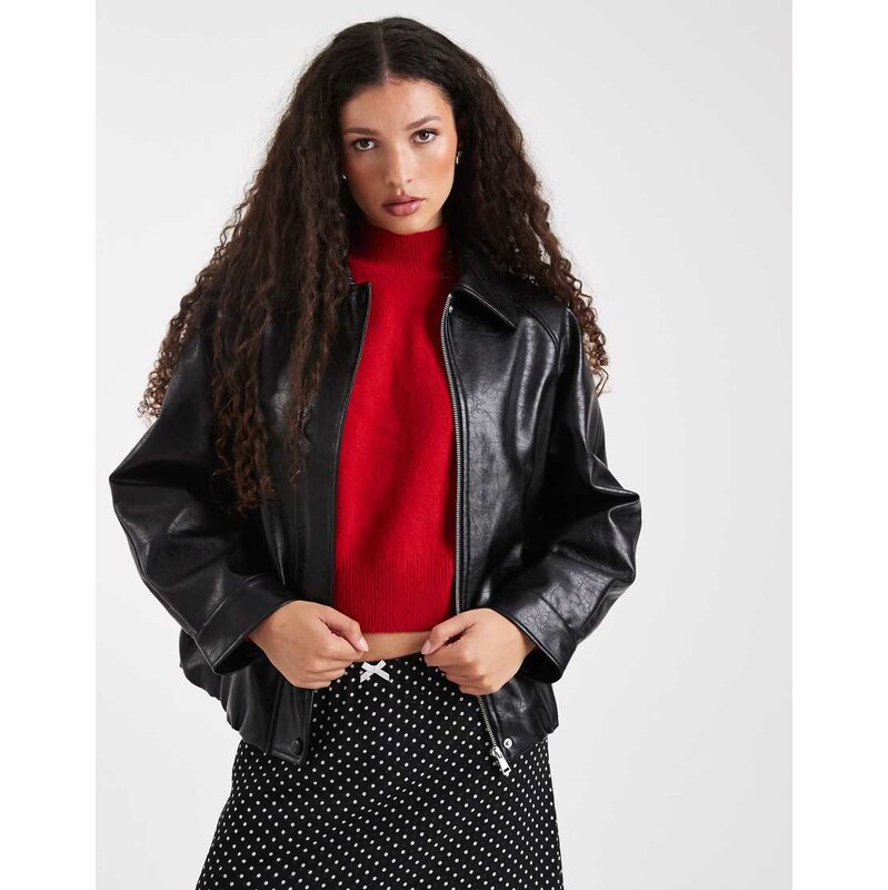 ASOS DESIGN leather look oversized bomber jacket in black 114308961