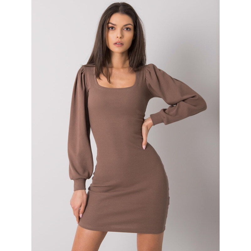 RUE PARIS Hnědé přiléhavé mini šaty s řasenými rukávy -brown Hnědá 71800662