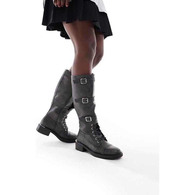 SEQWL Twix buckle detail lace up knee boots in charcoal-Grey