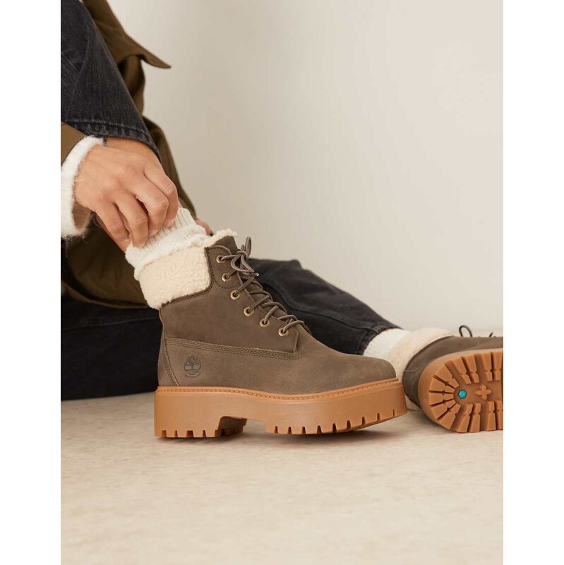 Timberland Stone Street 6 Inch platform borg lined boot in dark brown 109491907