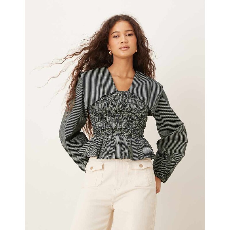Neon Rose oversized collared striped shirred long sleeve top in