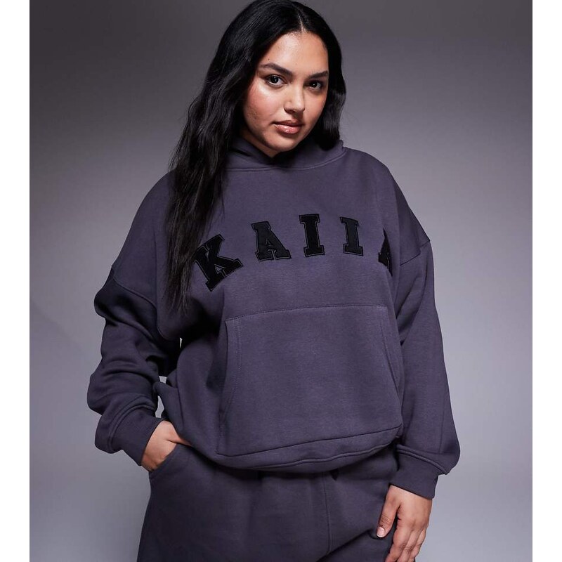 Kaiia Plus cotton blend logo oversized hoodie co-ord in dark