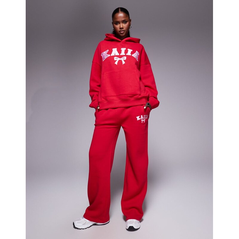 Kaiia cotton blend embroidered bow logo wide leg jogger co-ord in red 109506017