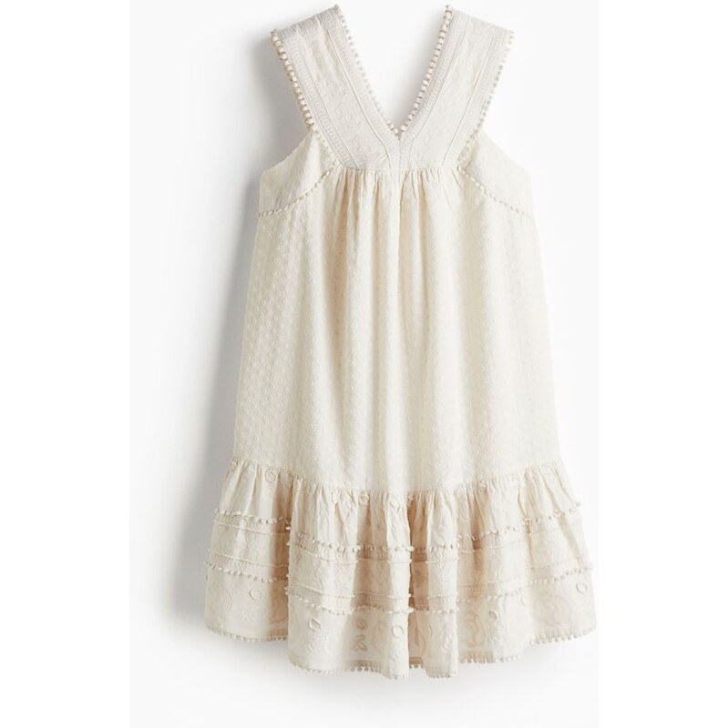 H&M - Bavlněné šatys výšivkou - Krémová