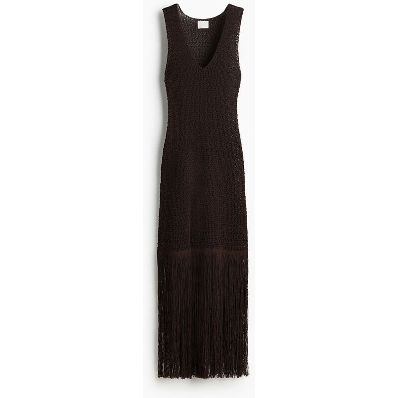 H&M - Pletené šatys třásněmi - hnědá 108128789